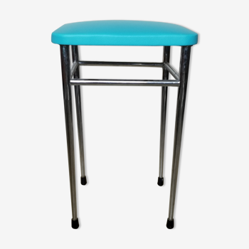 Vintage chromed stool in turquoise blue skai