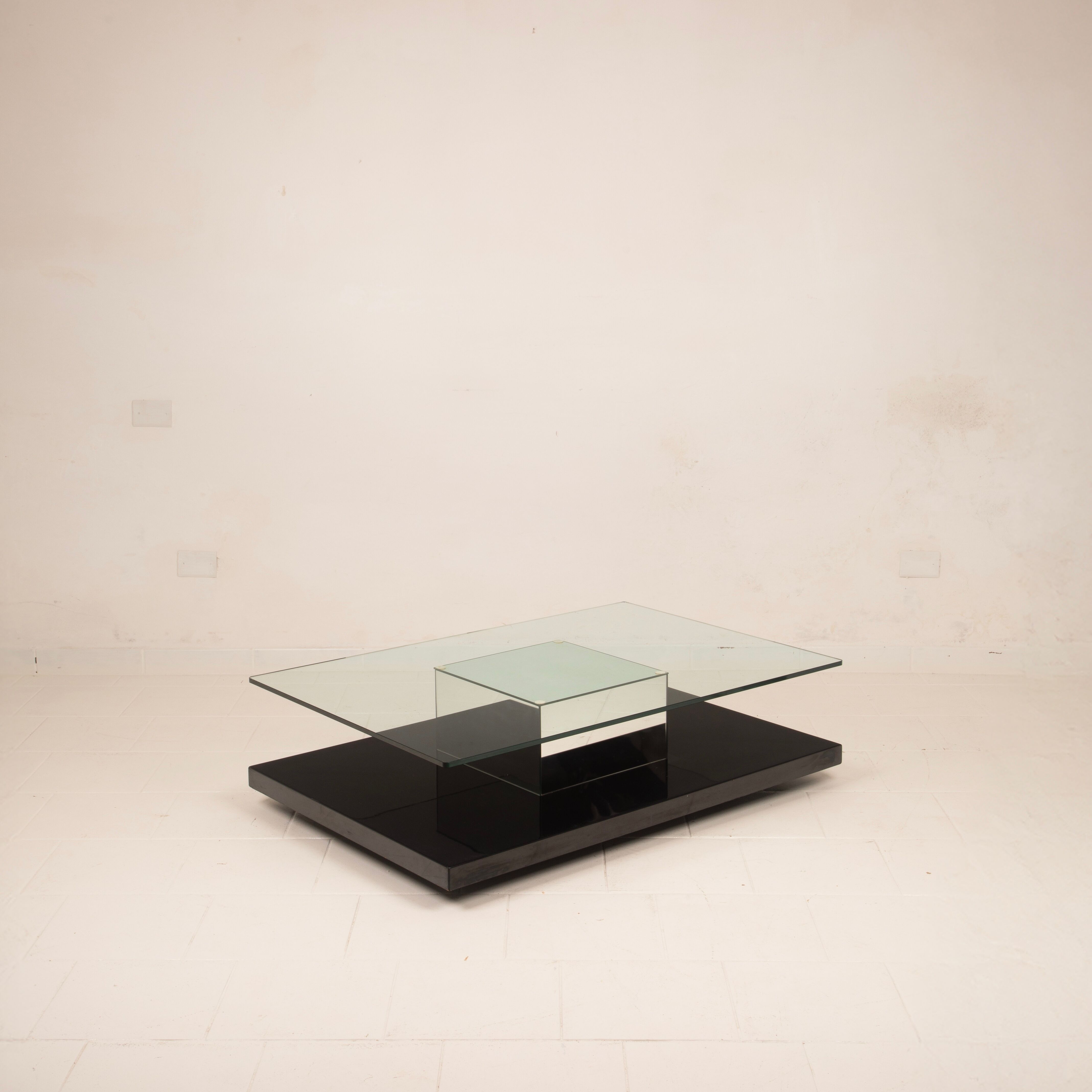 Cidue Mid Century Italian Black Lacquer, Mirror and Glass Coffee Table 1970