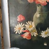Peinture ancienne "coquelicots et marguerites"