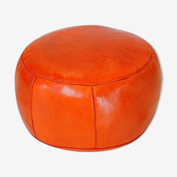 Hand-made orange leather Pouf Fes 40 x 25 cm