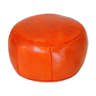 Hand-made orange leather Pouf Fes 40 x 25 cm