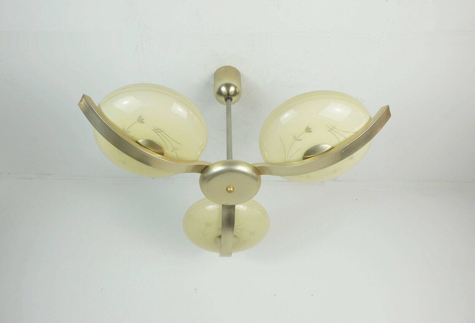 Art deco ceiling light with 3 glass shades 1930s 40s glass and metal 30s avantgarde design