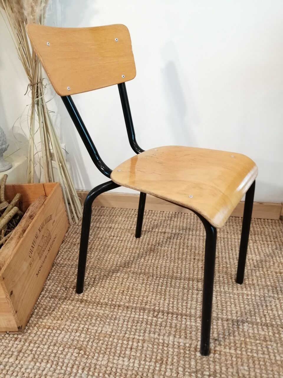 Series of 4 wooden and metal school chairs