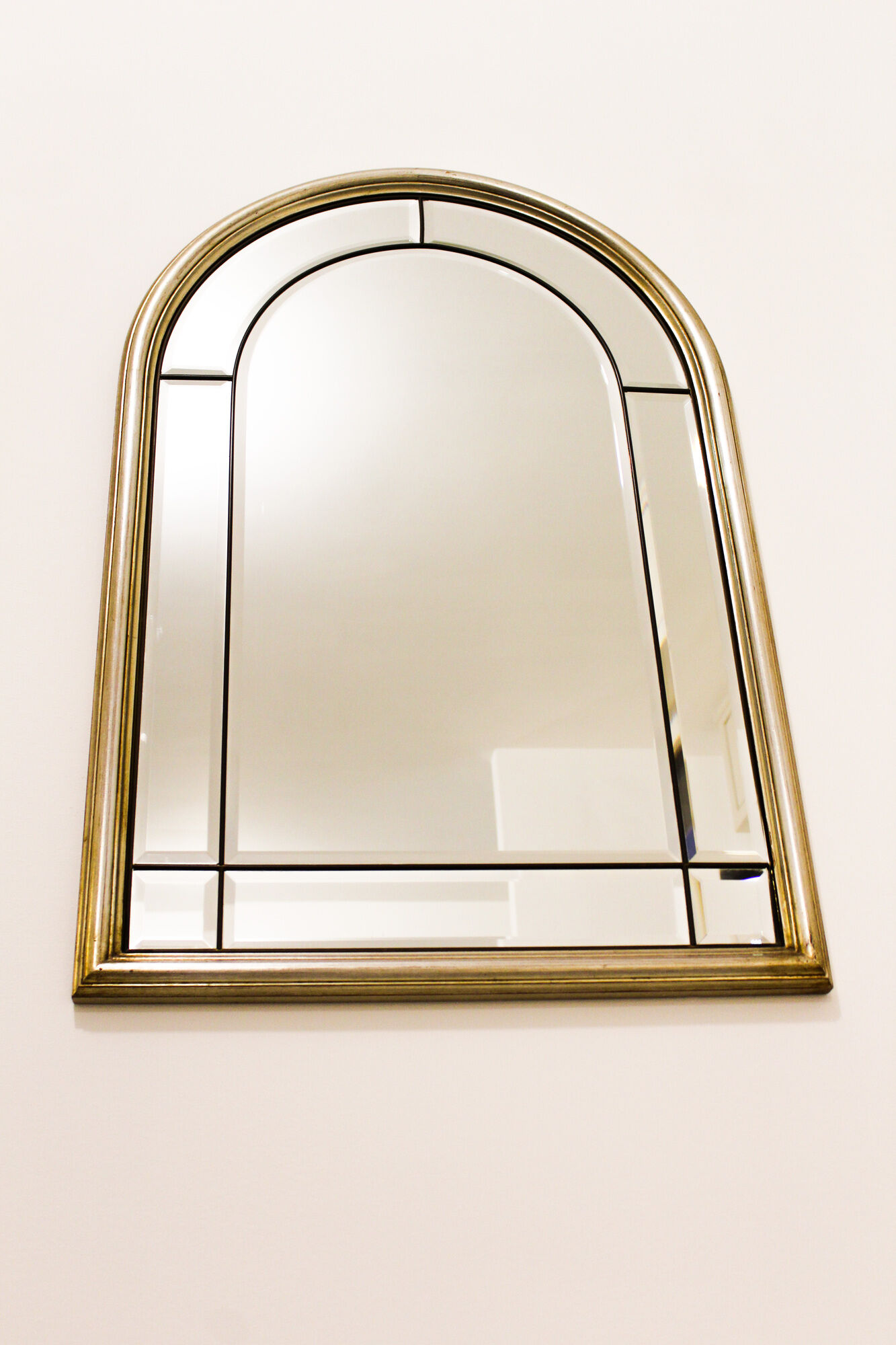 Pair of bevelled mirrors, brass edging frame in brushed wood years Italy 70's