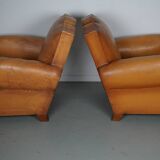 Pair of French Cognac Moustache Back Leather Club Chairs, 1950s