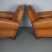 Pair of French Cognac Moustache Back Leather Club Chairs, 1950s
