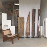 Rectangular Indonesian construction element with blue and yellow plant in carved wood