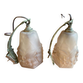 Pair of art deco silvered bronze wall lights with tulips signed ros