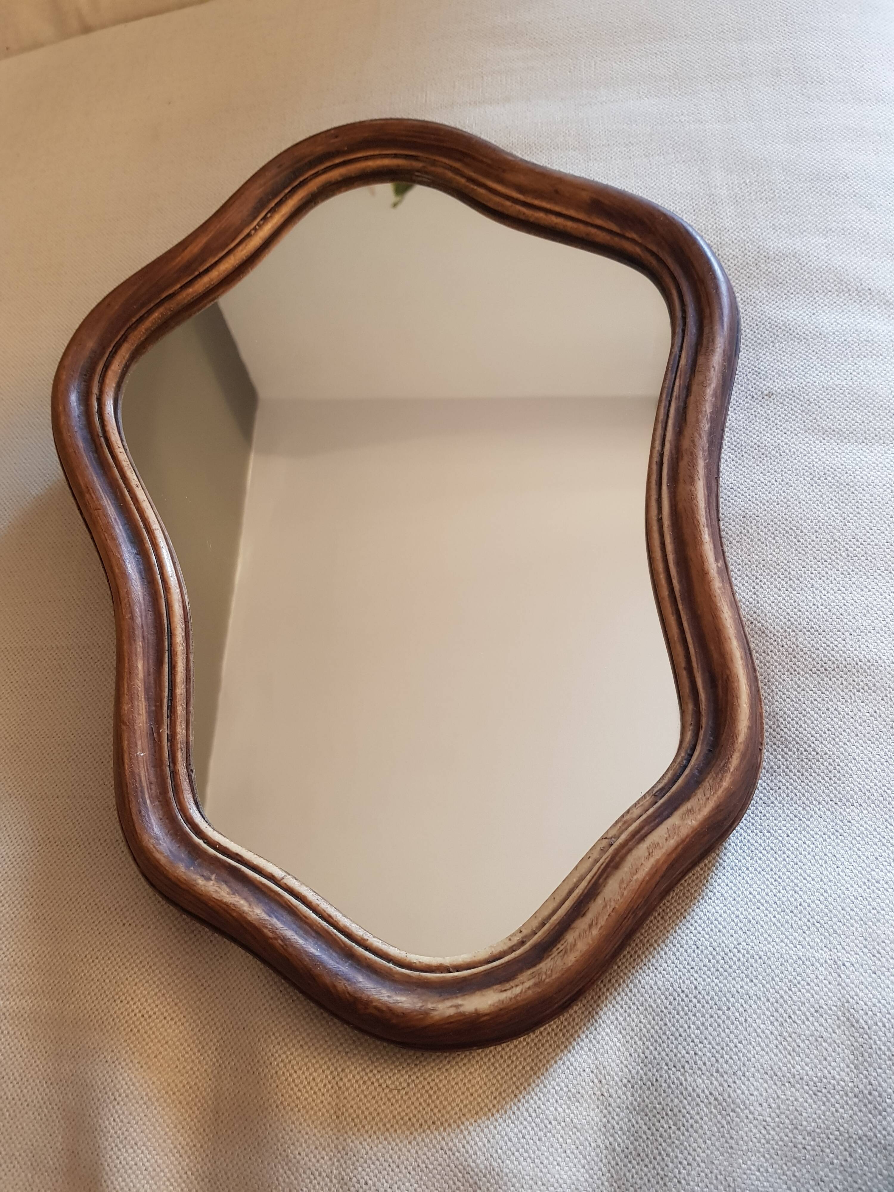 Asymmetrical mirror in vintage wood - 39x29cm
