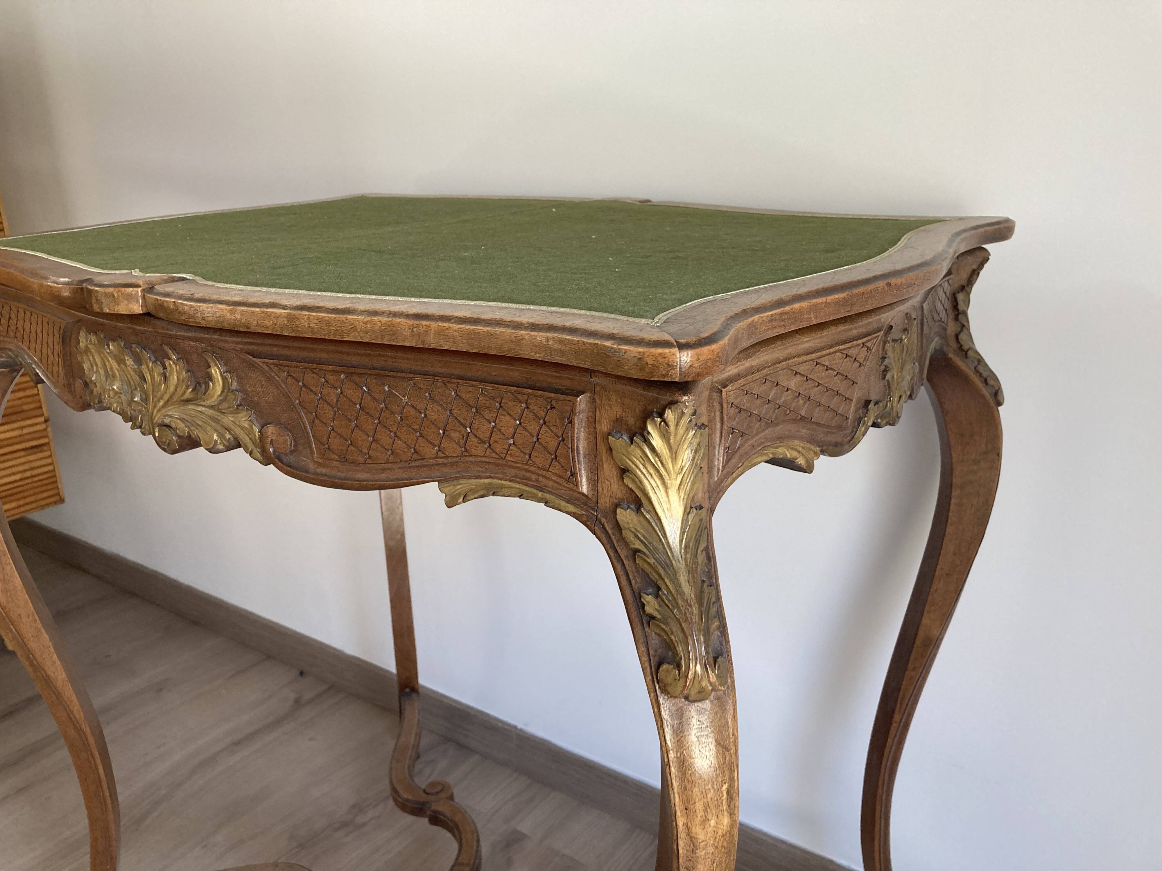 GAME TABLE STYLE LOUIS XV WOOD CARVED CIRCA 1900 GREEN CARPET 2 COMPARTMENTS