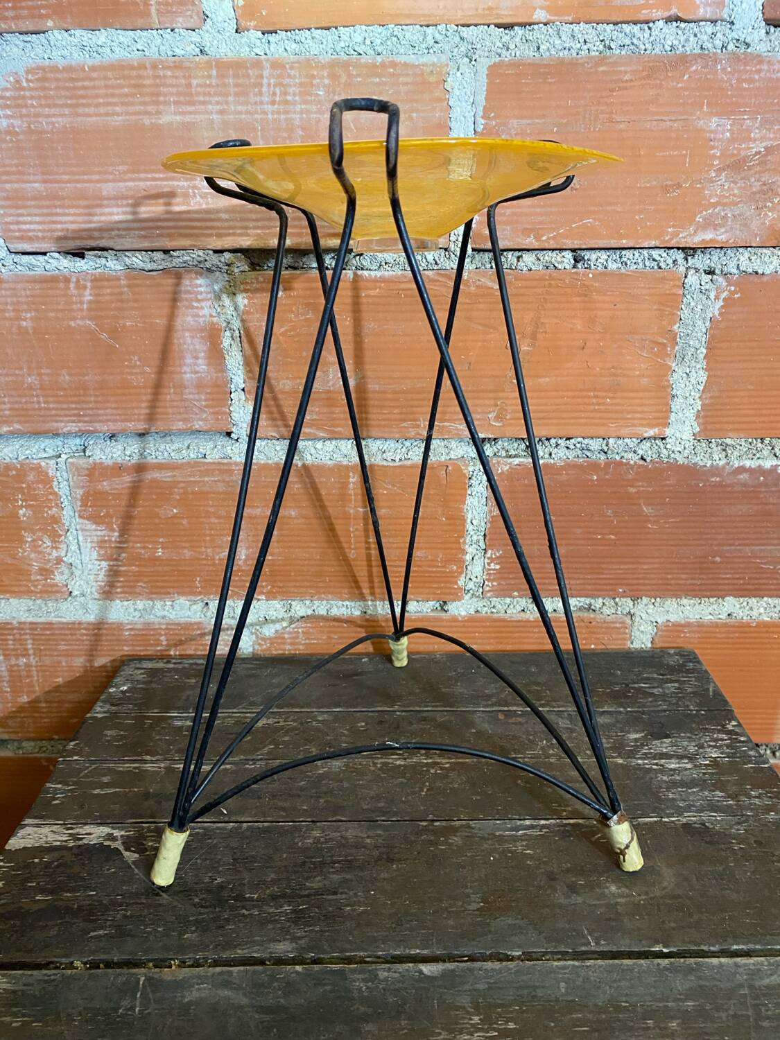 Antique Tripod Side Table Black Metal & Yellow Glass Bowl Years