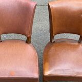 4 art deco chairs in solid wood and brown leather, 1930