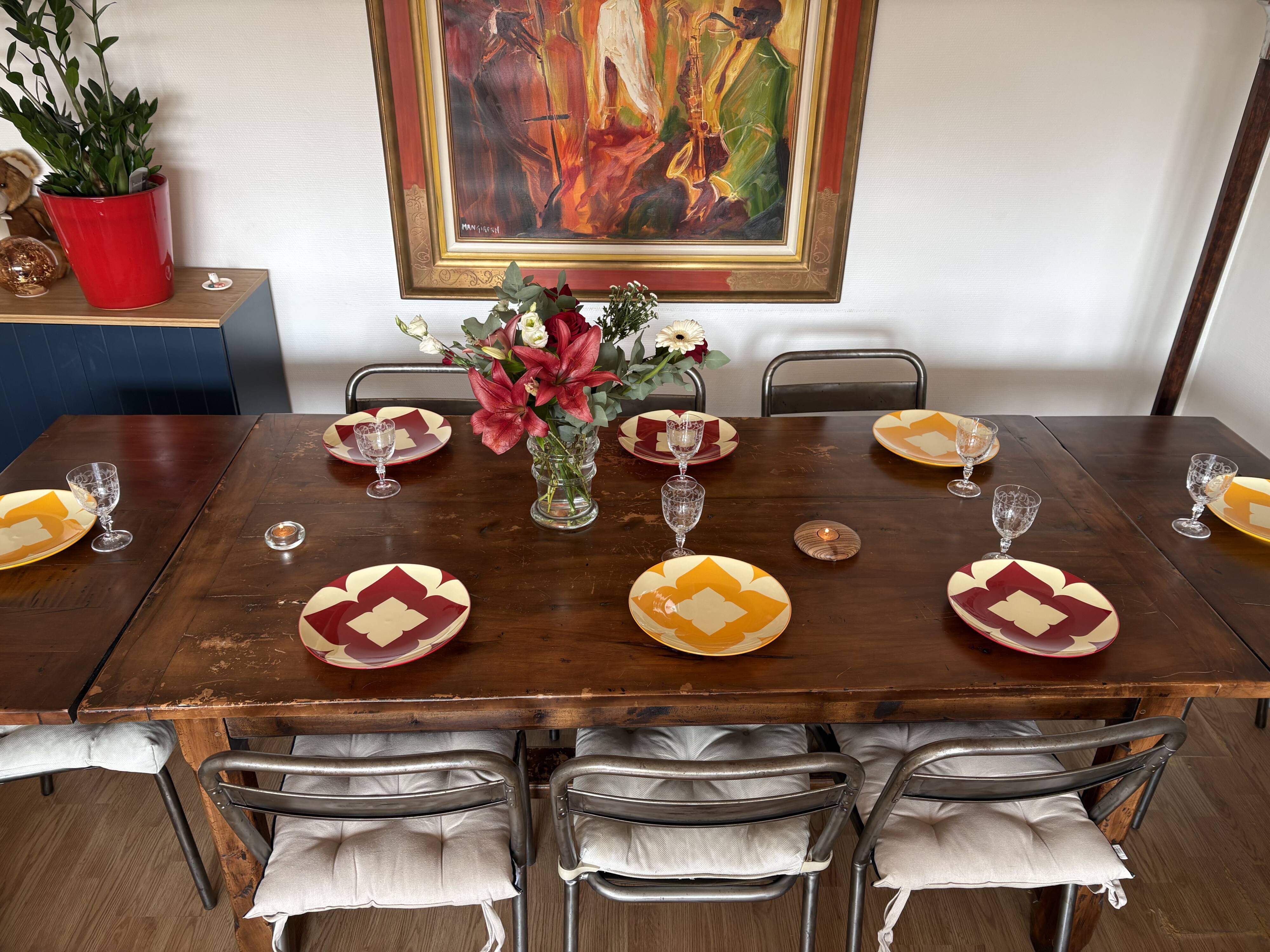 Solid cherry farmhouse table + 8 metal chairs - 2 extensions