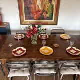 Solid cherry farmhouse table + 8 metal chairs - 2 extensions