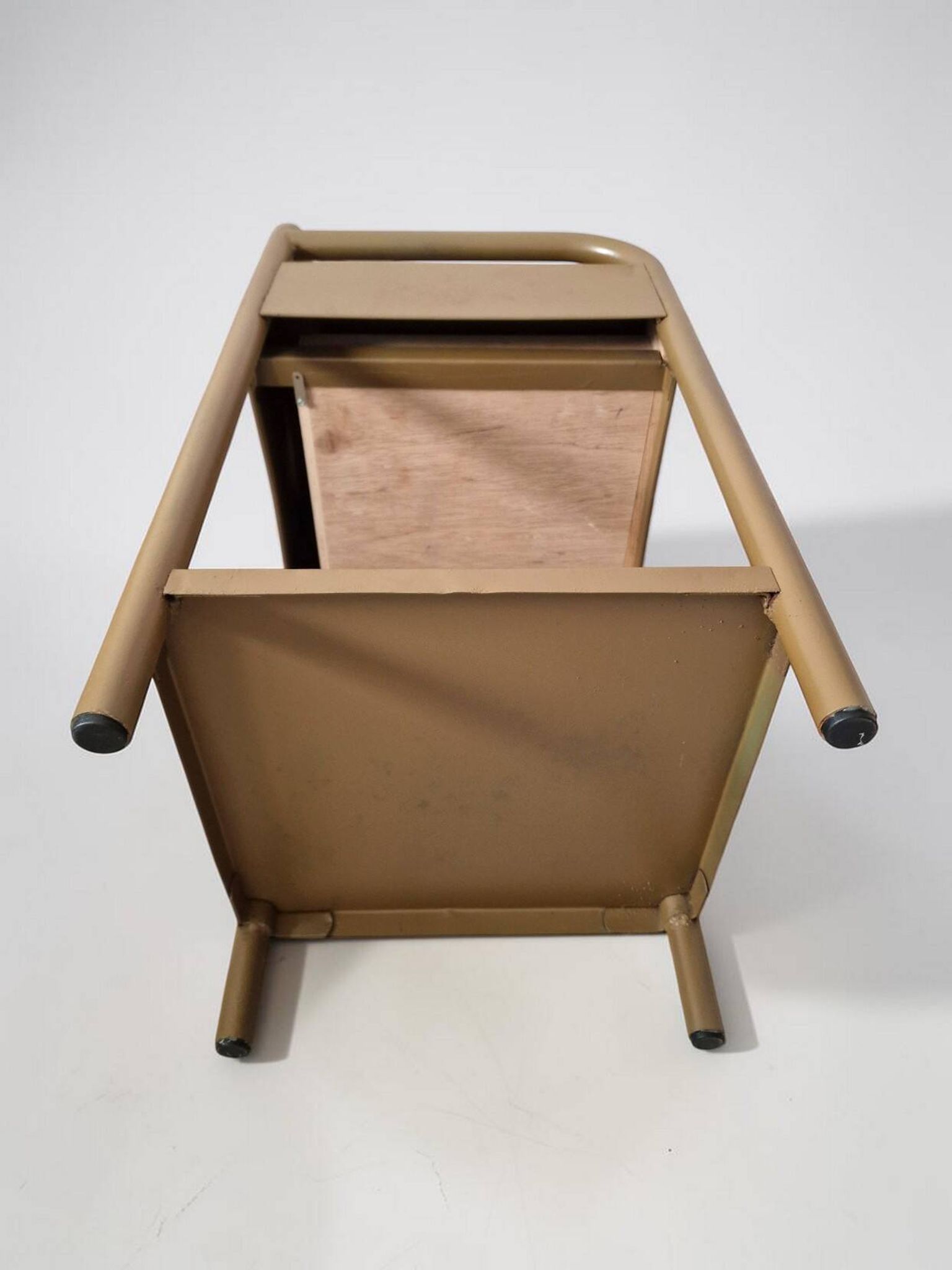 Vintage bedside tables in metal and brown beige wood.