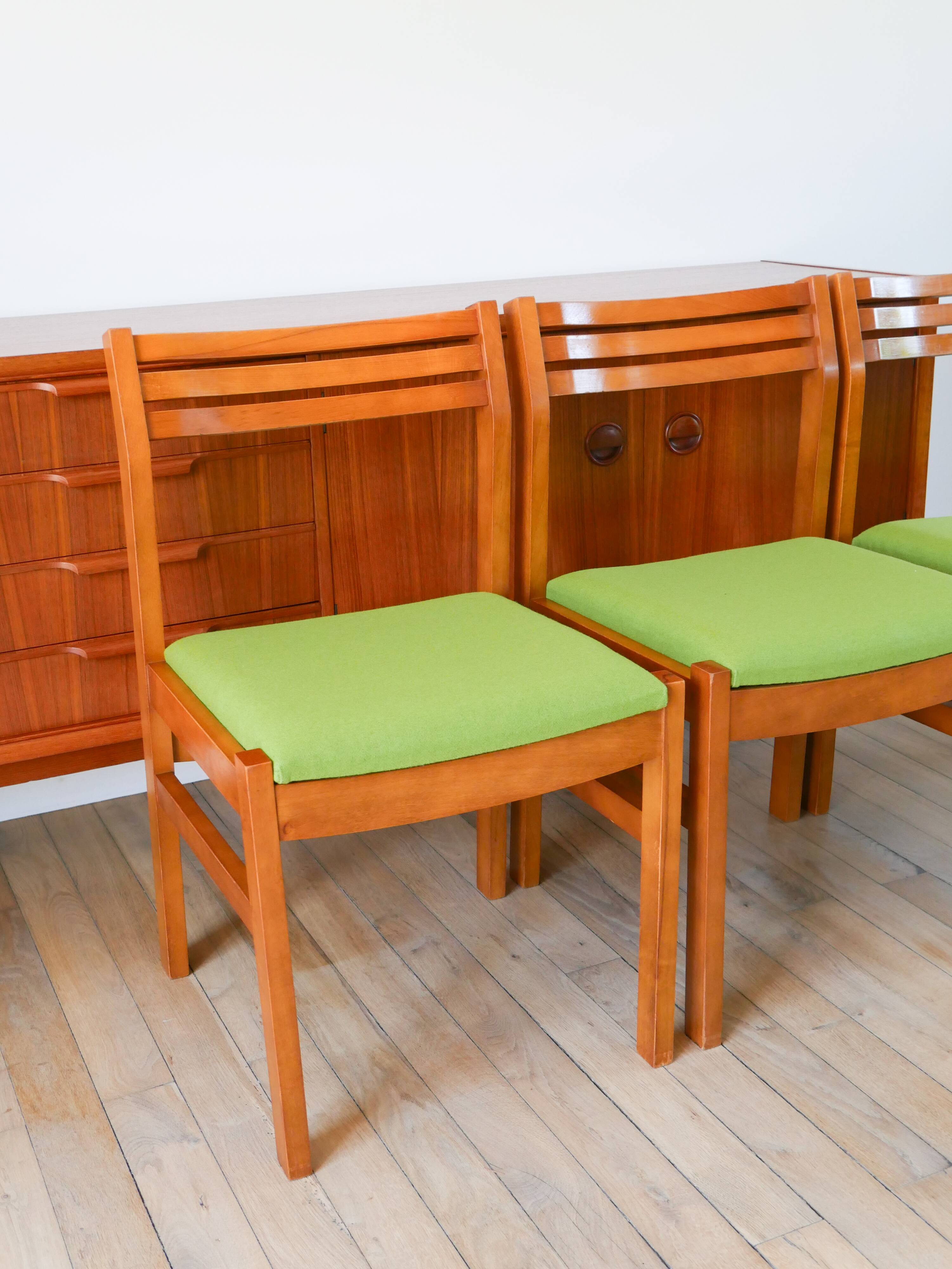 Set of 4 Scandinavian beech wood chairs, green wool, 1960.