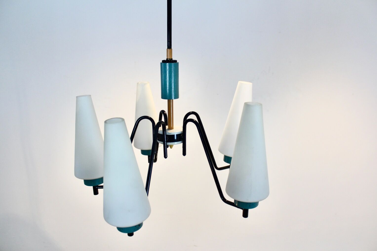 Dutch suspension lamp in wood steel and opaline glass