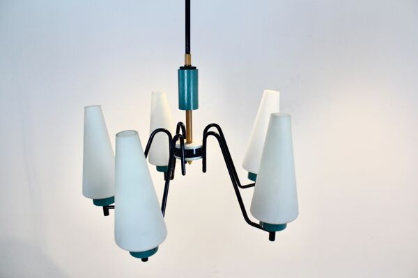 Suspension hollandaise en acier bois et verre opalin