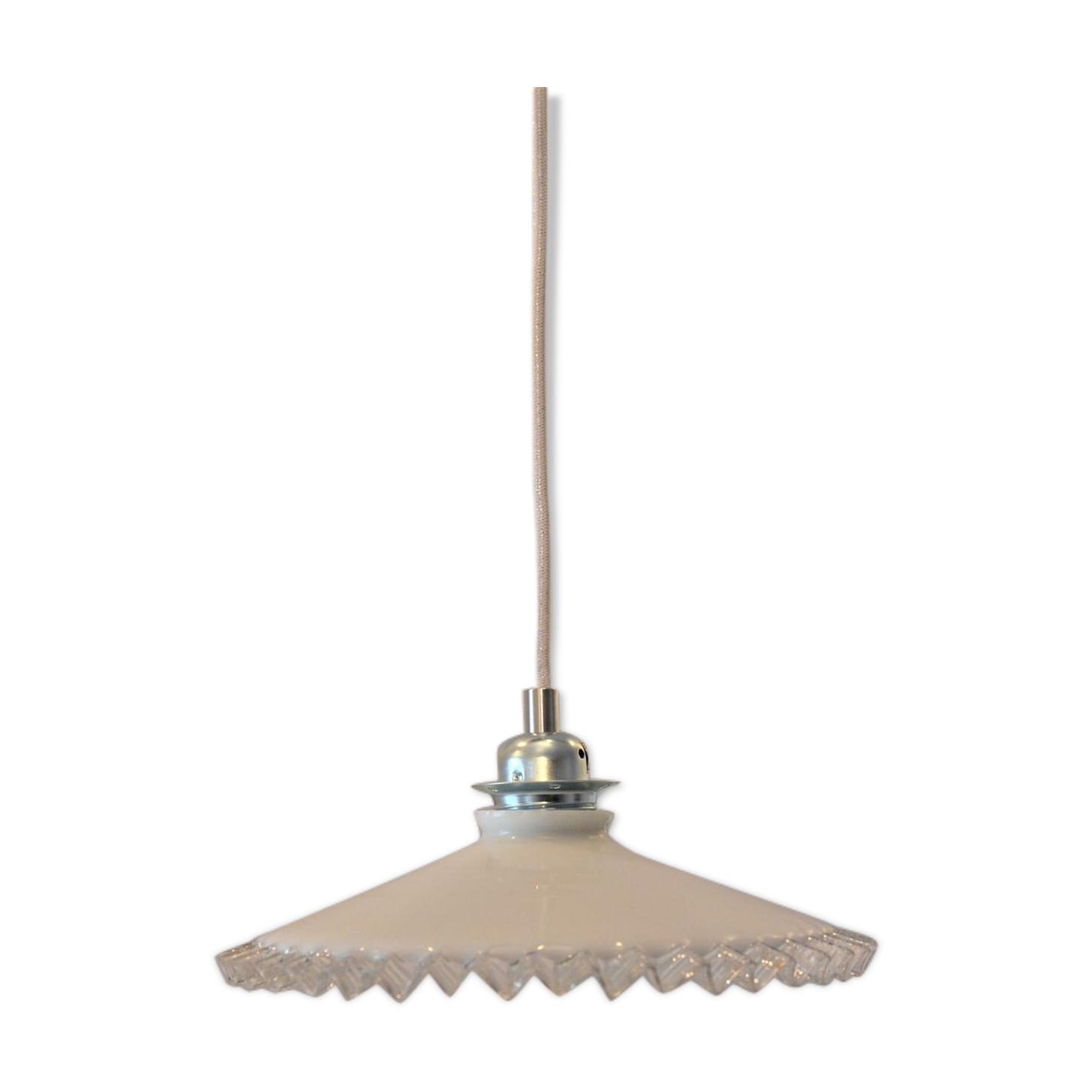 White scalloped opaline hanging and chrome metal sleeve