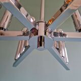 Chrome metal Space Age chandelier, 18 light points, 1970.