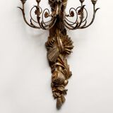 Large pair of wall light with 5 arms of light in gilded, silver and patinated wood
