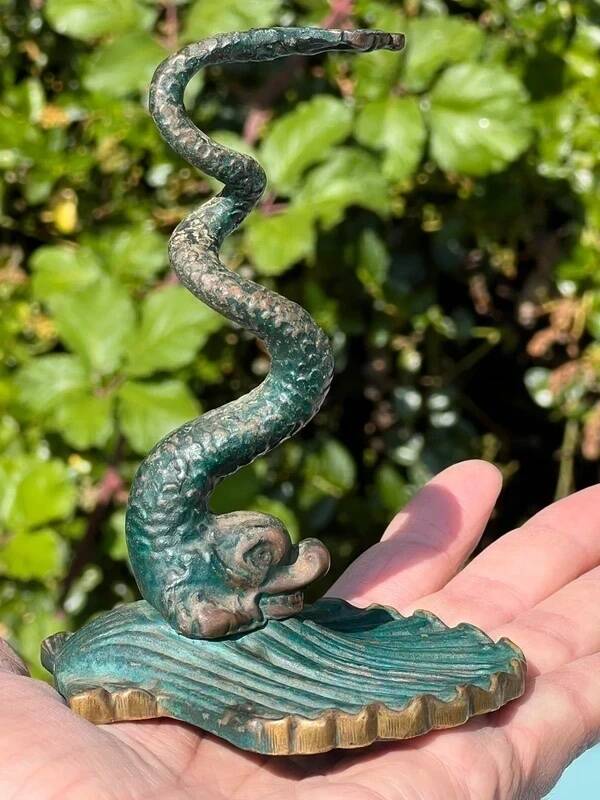 Antique candlestick base – stylised marine fish in patinated bronze