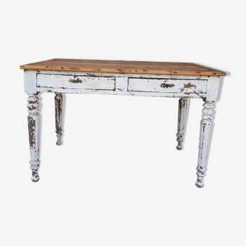 Ancien bureau Napoléon bois tourné patiné blanc