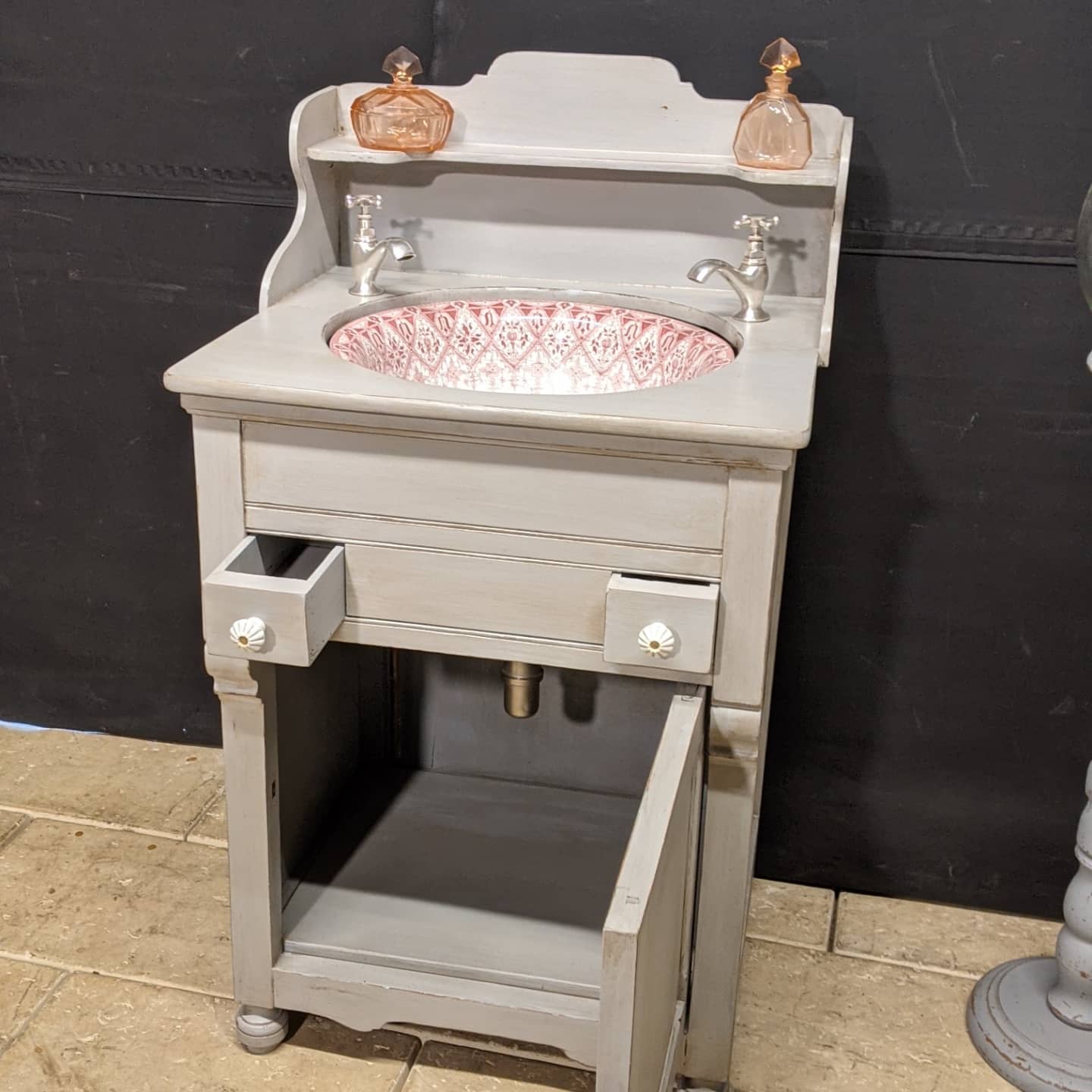 Old vanity unit in patinated wood gray basin earthenware rocker bathroom