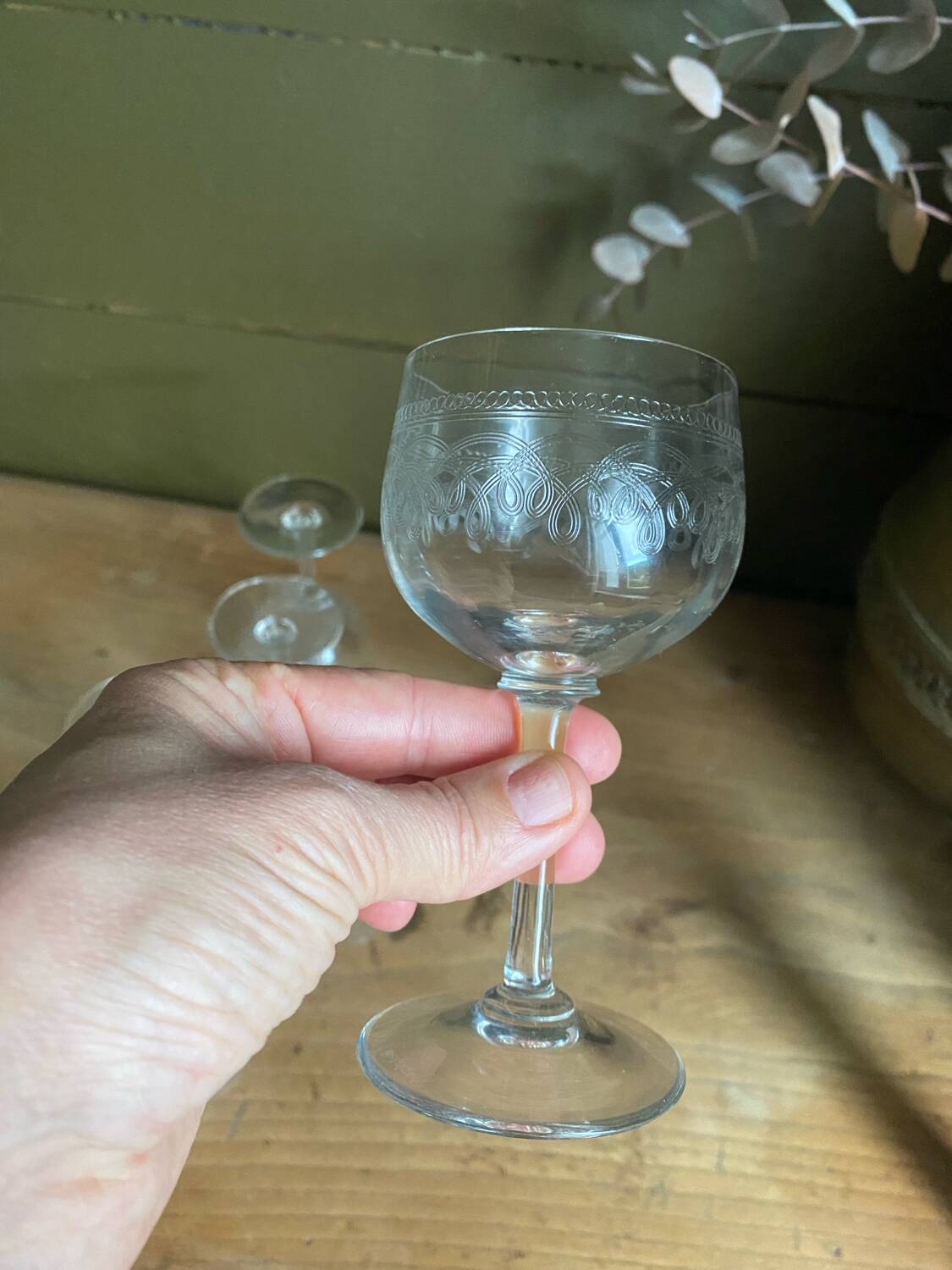 Set of 7 old etched glass stemware