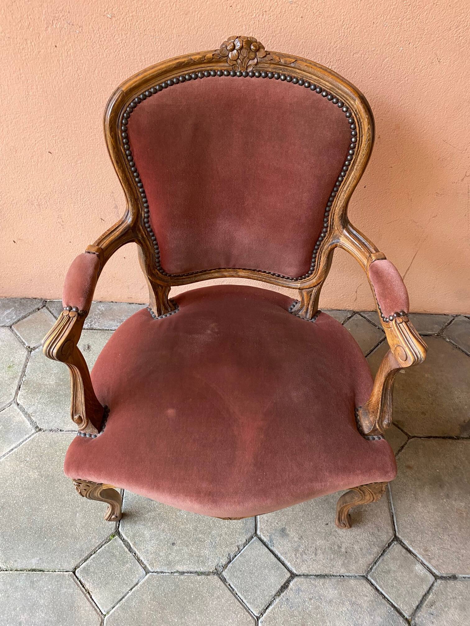 Pair of louis xv style bergeres armchairs with pink velvet armrests