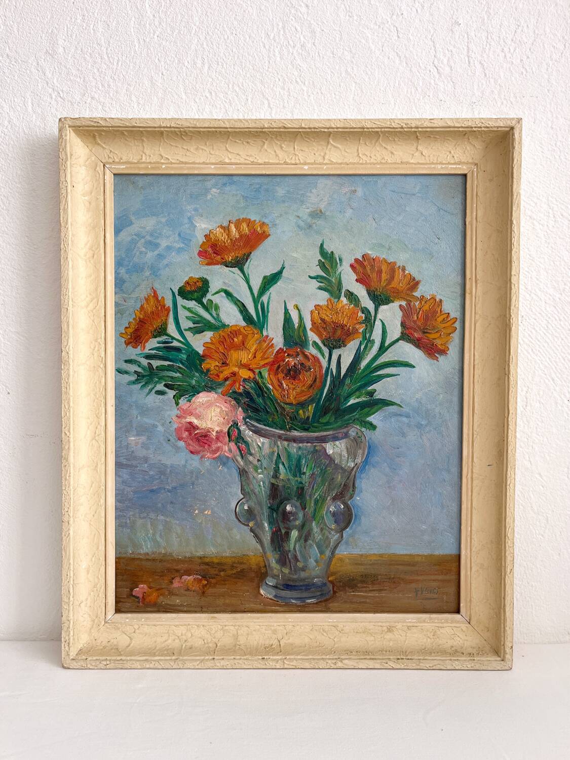 Old oil painting on panel bouquet of flowers