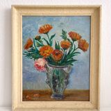 Tableau peinture ancienne huile sur panneau bouquet de fleurs