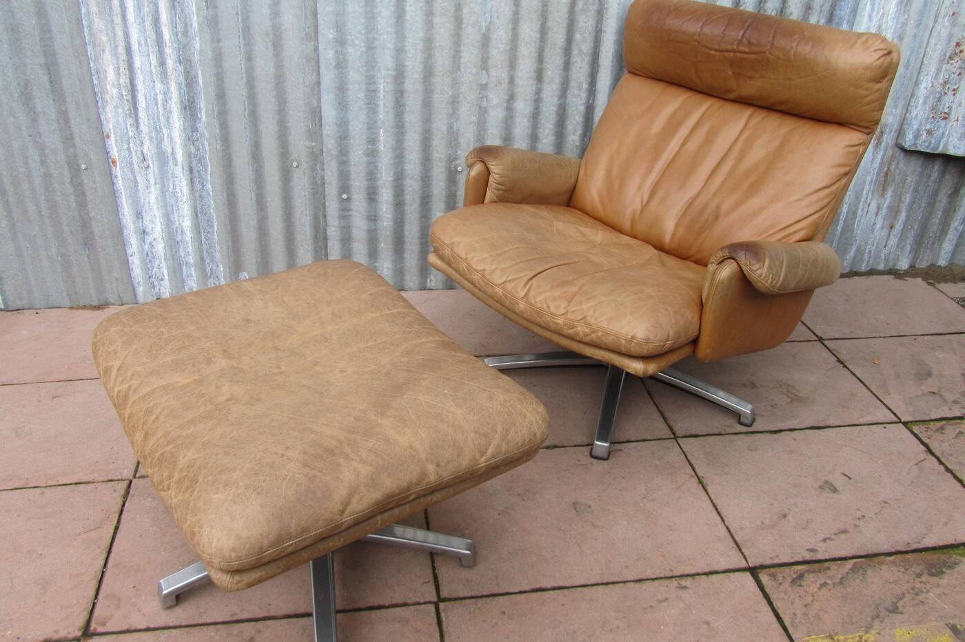 Mid-century vintage high back leather Swivel Armchair with Ottoman, 1970s
