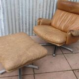 Mid-century vintage high back leather Swivel Armchair with Ottoman, 1970s