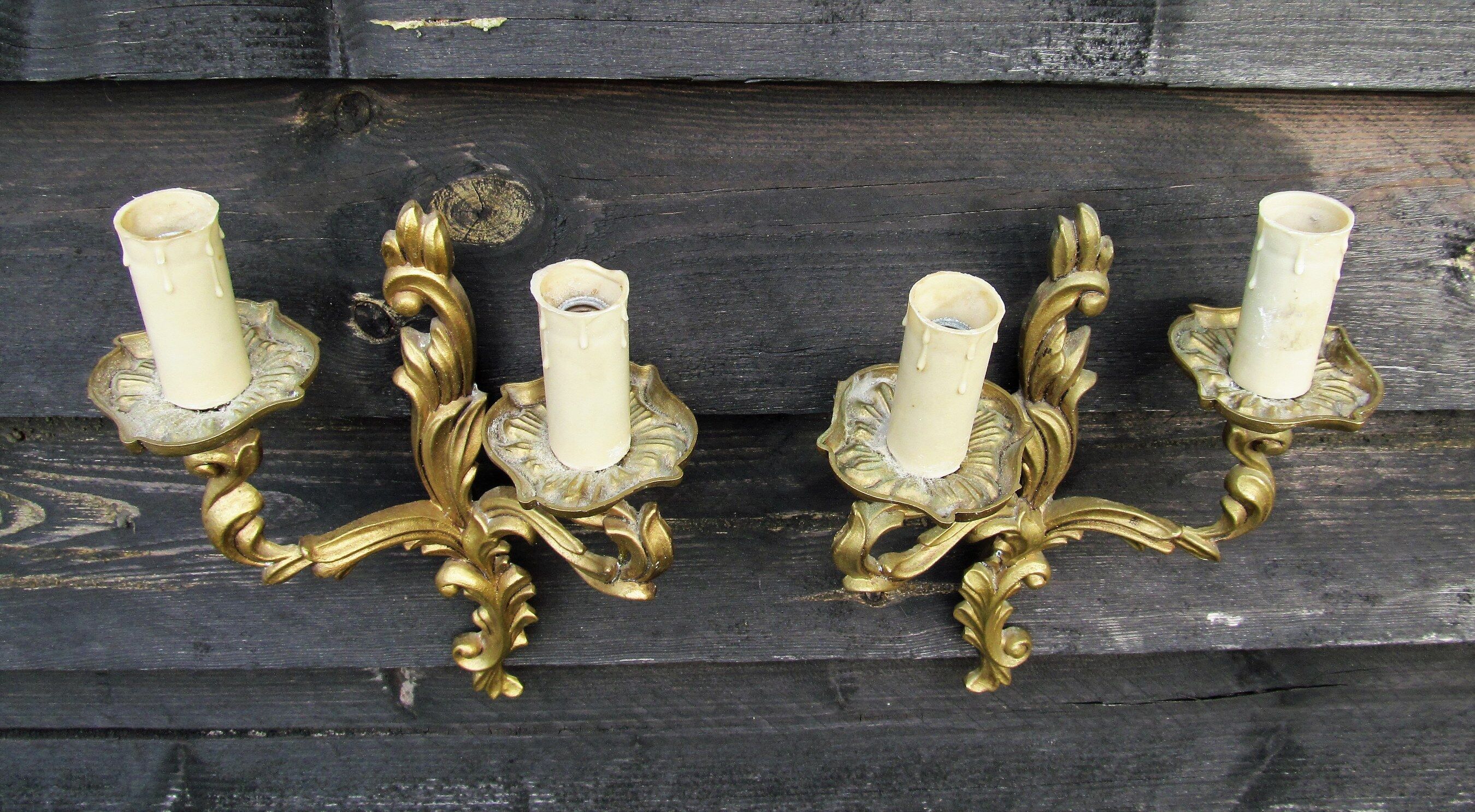 Petite pair of vintage French bronze brass mix 2 arm wall lights sconces revamp rewire