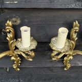 Petite pair of vintage French bronze brass mix 2 arm wall lights sconces revamp rewire