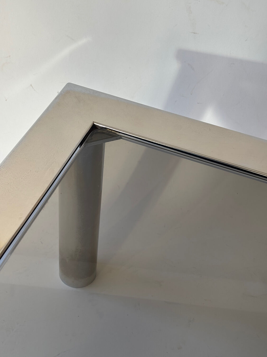 Chrome metal and smoked glass coffee table, 1970.