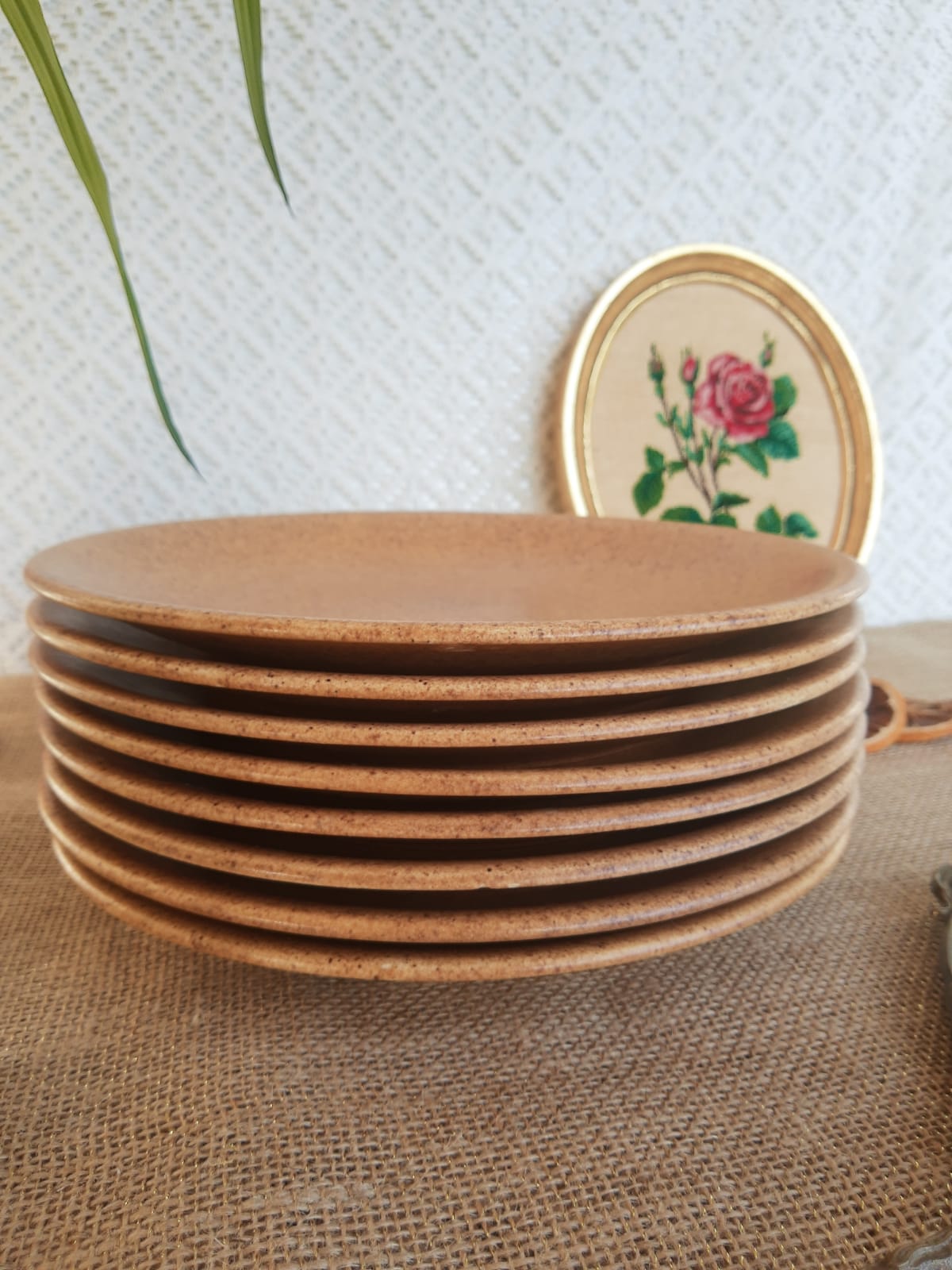 Set of 8 flat plates in Chantilly Longchamp sandstone France vintage