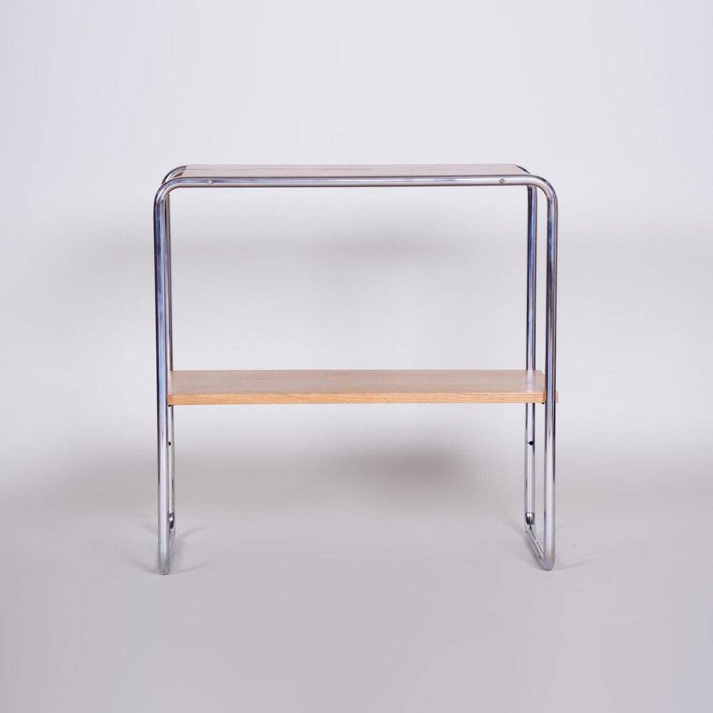 Petite table Bauhaus en chrome et chêne, tchèque, années 1930