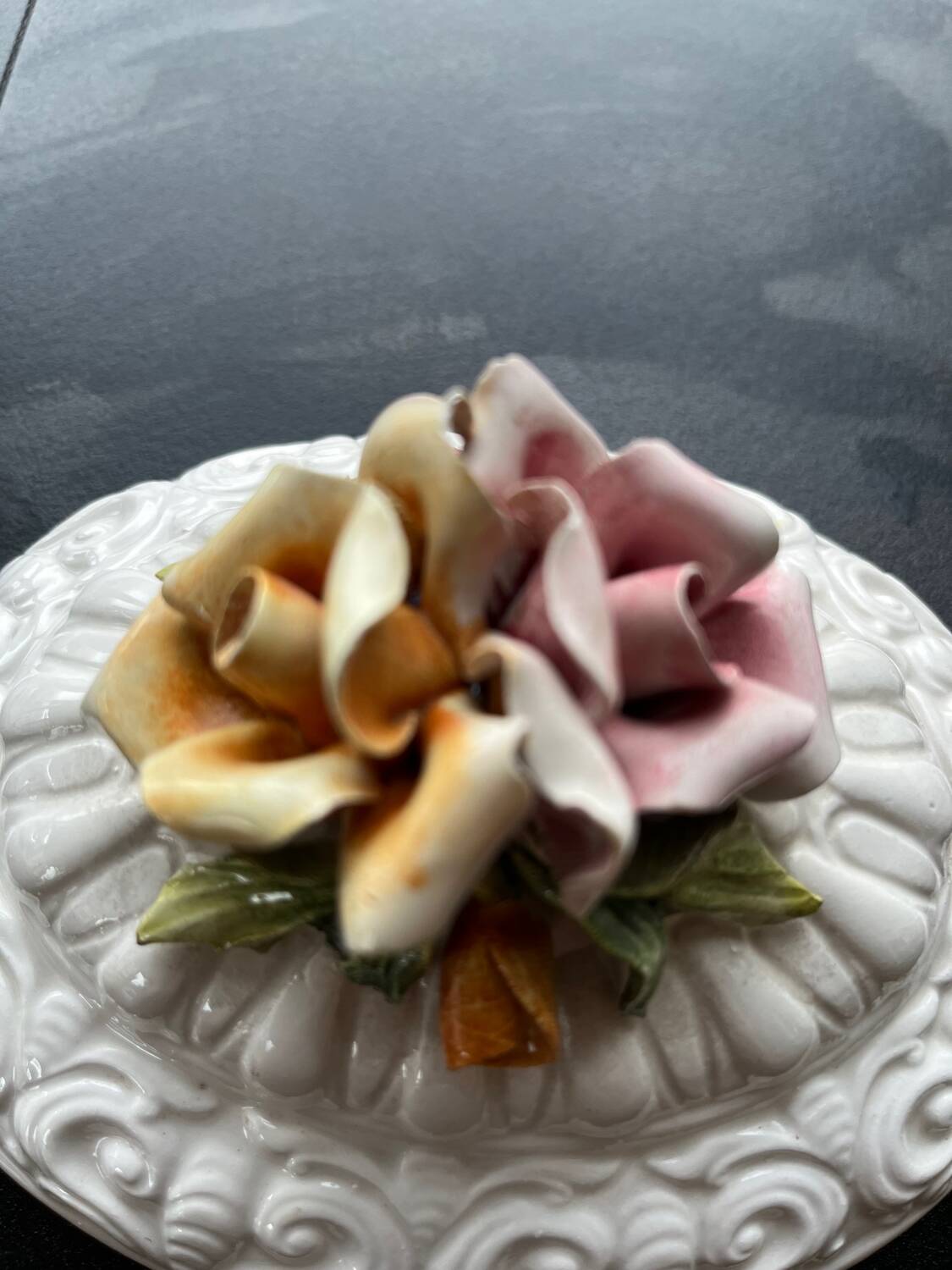 Capodimonte-style porcelain lidded sugar bowl with floral relief