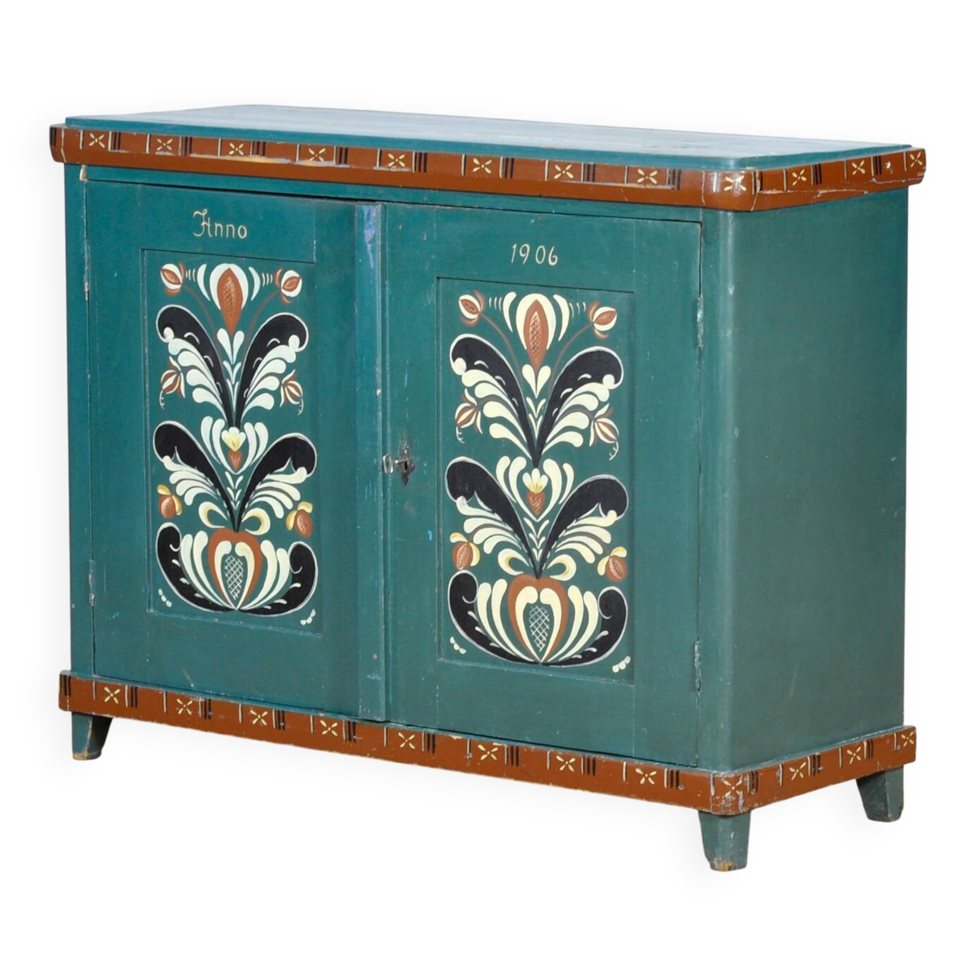 Original antique Swedish cabinet with blue-green folk style painting, dated 1906