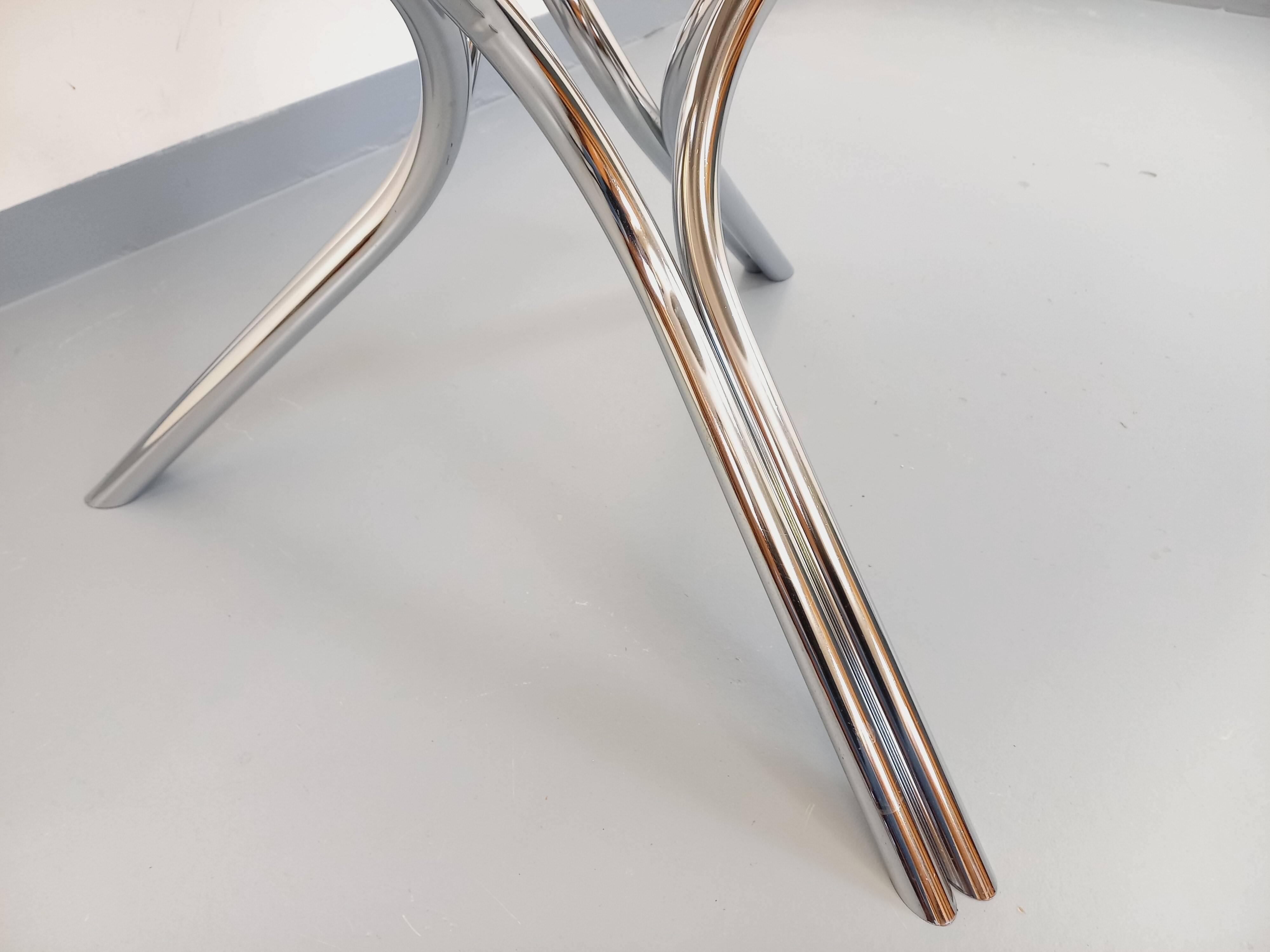 Vintage dining table in smoked glass plexiglass and chrome metal.