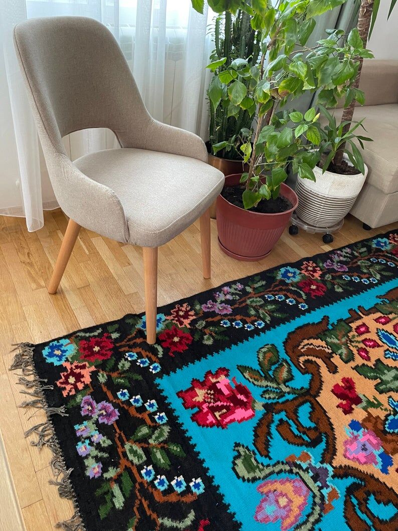 Vintage blue Moldavian rug with beautiful flowers, authentic Romanian handwoven rug 240x153cm