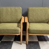 ensemble de fauteuils en tissu vert et bois années 1960