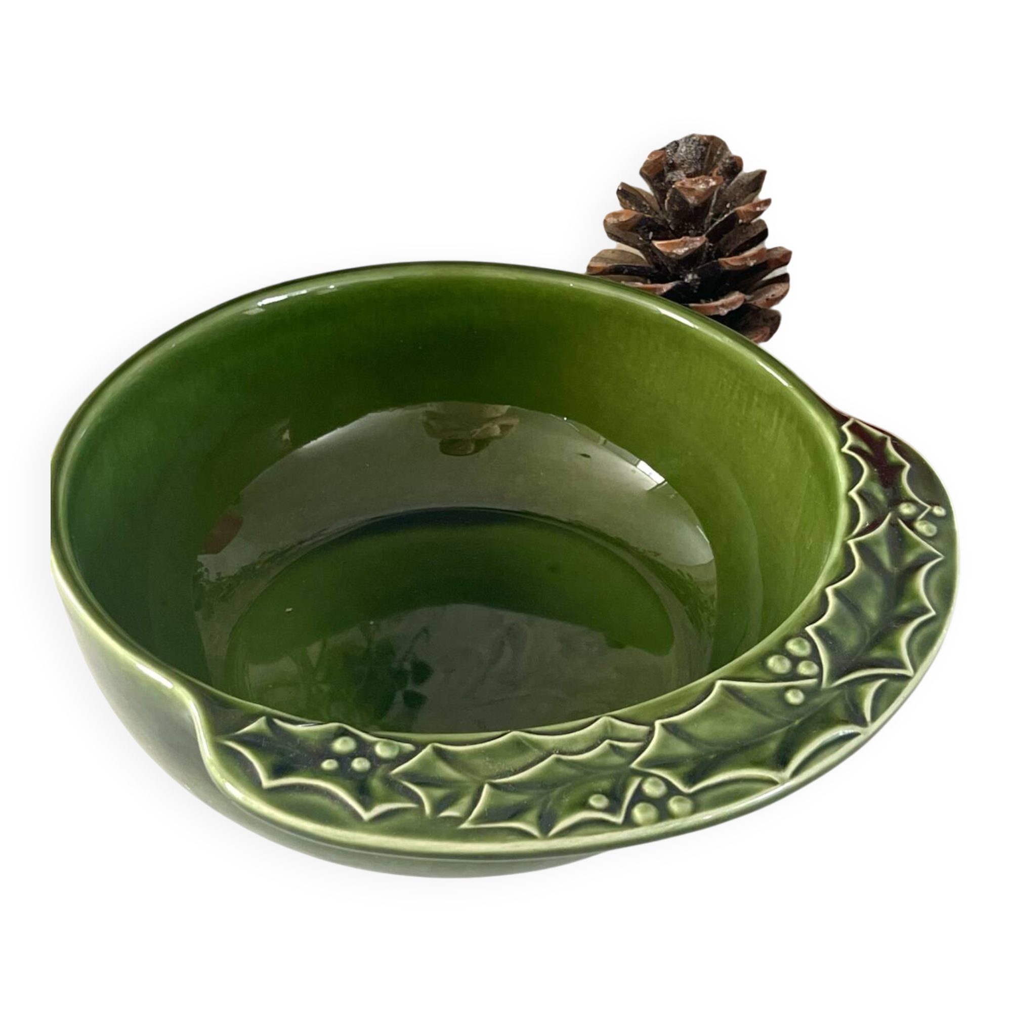 Christmas serving bowl, French BCI holly ceramic bowl, green glazed