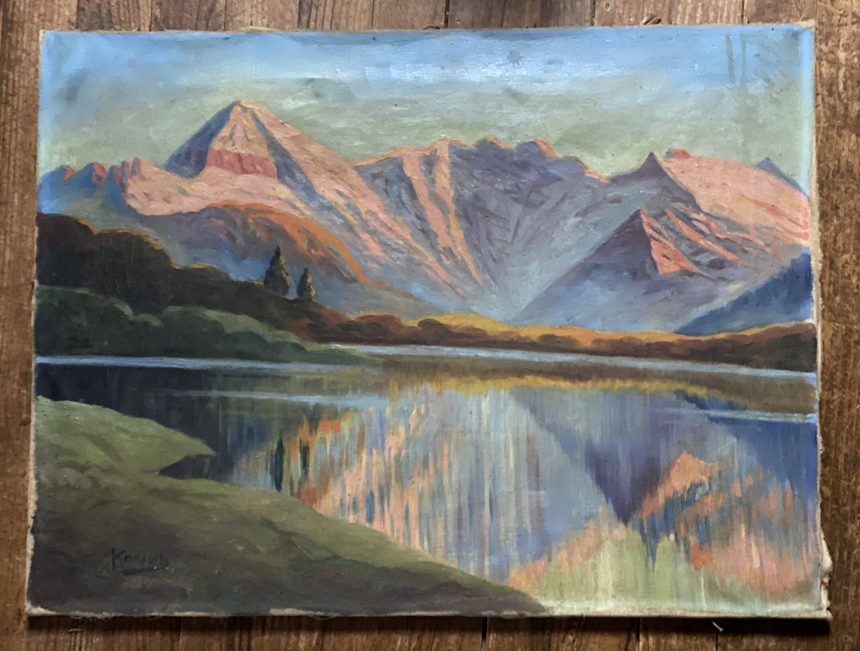 Painting by Andor Kovasits, Sunset on a mountain lake (Austria)