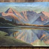 Painting by Andor Kovasits, Sunset on a mountain lake (Austria)