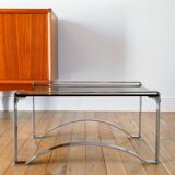 Rectangular coffee table in chrome and smoked glass, arched legs, Space Age, Design, 1970