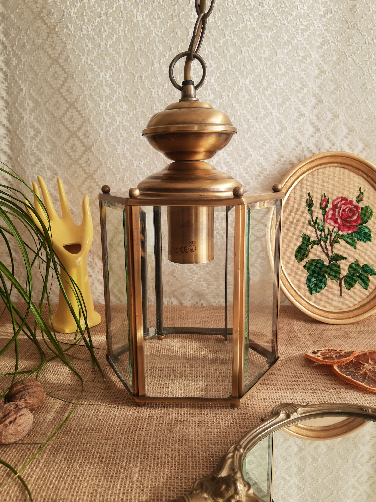 Brass and glass lantern pendant/chandelier - vintage