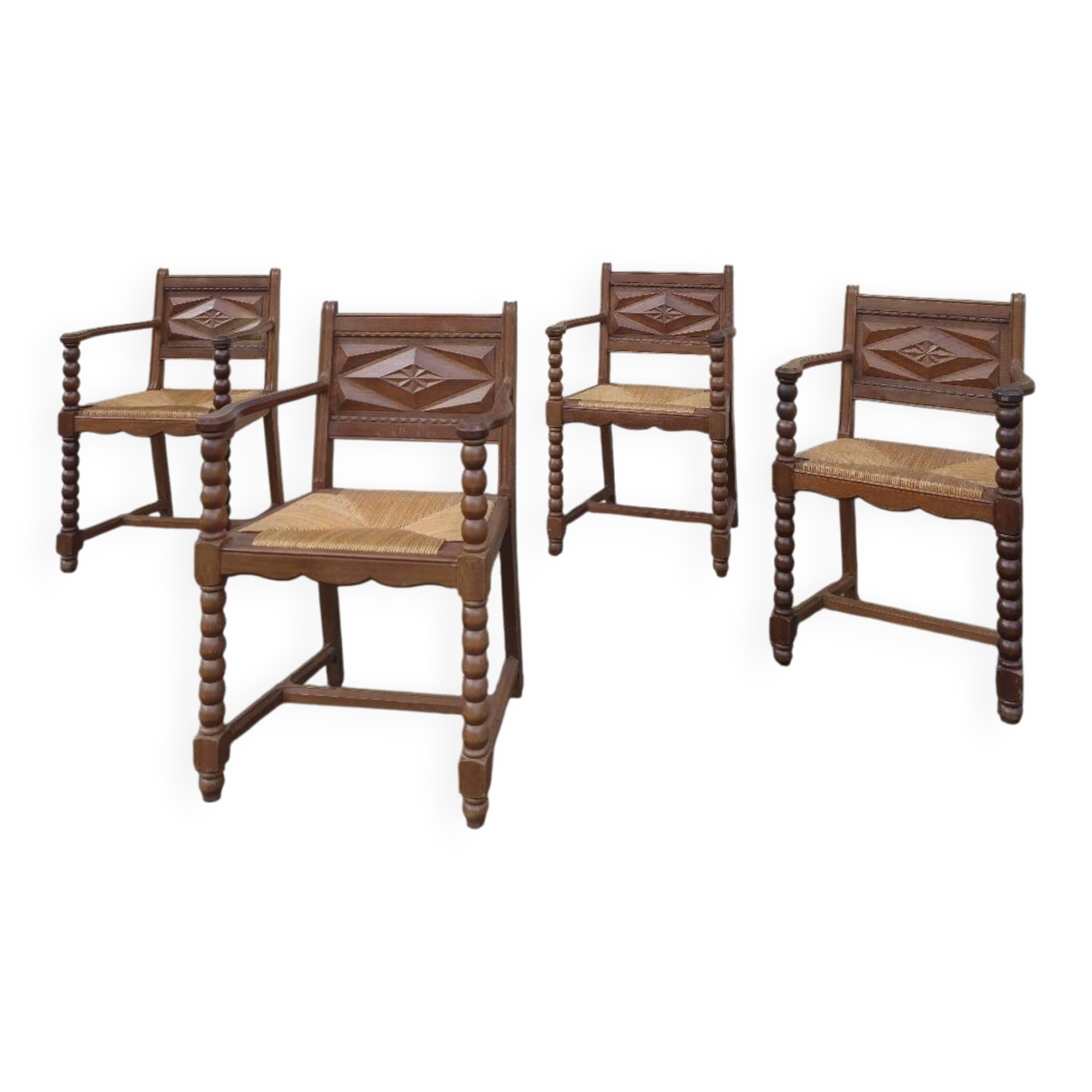 4 neo-Basque turned wood armchairs